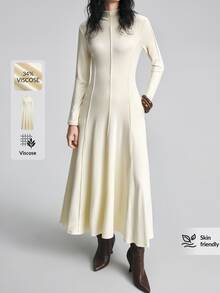 Ontre 2026新款秋季女款長洋裝 收腰寬鬆A字裙 素色奶油白 長袖開衩線條設計 優雅極簡通勤風 - 杏色 - 查看 6