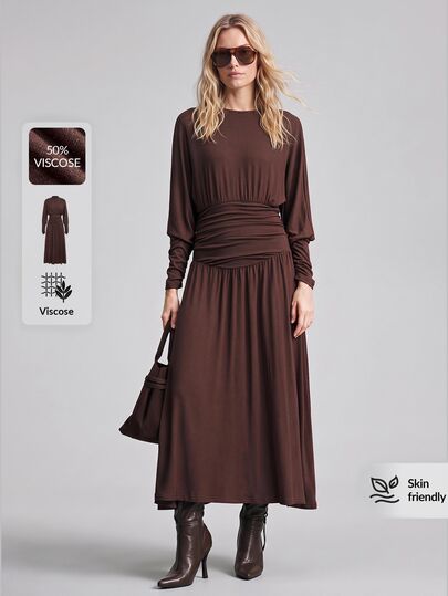 Ontre 2026 Neues Herbst Damenlanges Kleid, geraffte Taille, lockerer Schnitt, Bestseller einfarbig dunkelbraun, Langarm, Stehkragen, gerafftes A-Linien-Design, lässig, Pendeln, urban, modern, minimalistisch, elegant, Teegesellschaft, Unabhängigkeitstag, Old Money Stil, Lehrer Outfit, Damen Bürokleidung, Urlaubs Outfit, Urlaubs Outfit, Date Outfit, Damen Oberbekleidung, Mode, vielseitig, Damenlanges Kleid