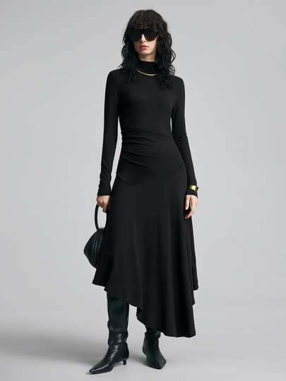 Ontre 2026 New Autumn Women's Mid-Length Dress, Loose Fit, Bestselling Solid Black Long Sleeve Top, High Neck Pleated Asymmetric Design, Casual Commute Urban Modern Minimalist Elegant Tea Party Independence Day Old Money Style Teacher Outfit, Women's Office Wear, Holiday Outfit, Vacation Date Outfit, Women's Outing Wear, Fashion Versatile Women's Mid-Length Dress