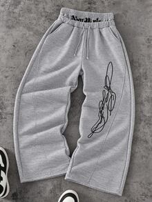 Teen Boy High Street Loose Wide Leg Knit Sweatpants , Grey Double Waist Sweatpants Abstract Line Graphic Print Trousers For Fall Style Wear - Grey - View 3
