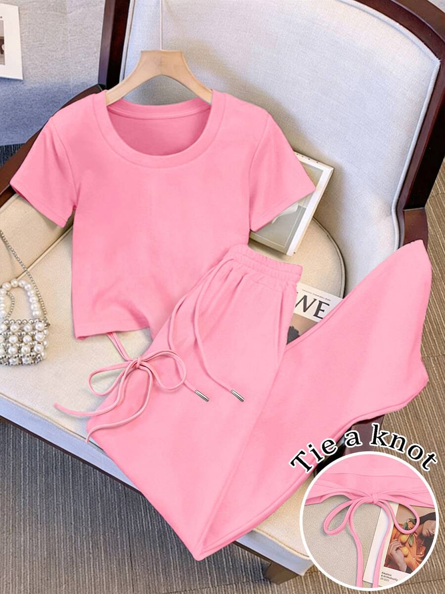 Resyla Matching Short Round Neck Raglan Sleeve Top + Straight Leg Pants With Slant Pockets Everyday House Light Pink Summer Casual - Pink - View 1