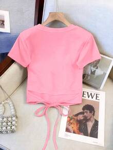 Resyla Matching Short Round Neck Raglan Sleeve Top + Straight Leg Pants With Slant Pockets Everyday House Light Pink Summer Casual - Pink - View 2