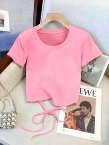 Resyla Matching Short Round Neck Raglan Sleeve Top + Straight Leg Pants With Slant Pockets Everyday House Light Pink Summer Casual - Pink - View 3