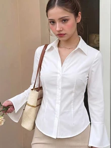 SHEIN 青少年女孩秋季白色領口長袖襯衫，純色修身收腰設計，度假風 - 白色 - 查看 1