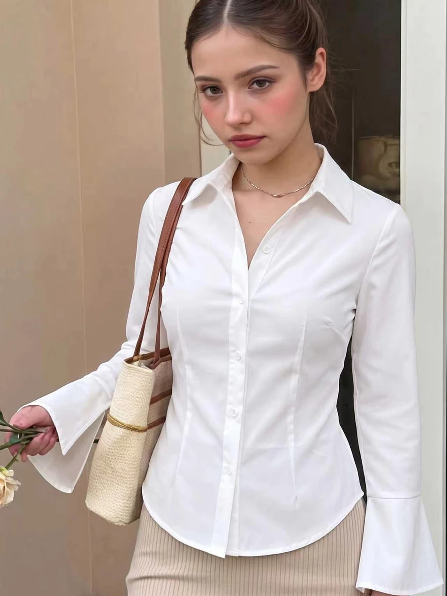 SHEIN 青少年女孩秋季白色領口長袖襯衫,純色修身收腰設計,度假風 - 白色 - 查看 1