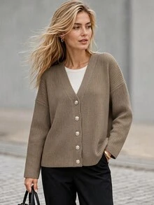 Trelyra Solid V-Neck Minimal Casual Elegant Taupe Button Ribbed Fine Knit Cardigan Office Autumn Winter - Camel - View 3