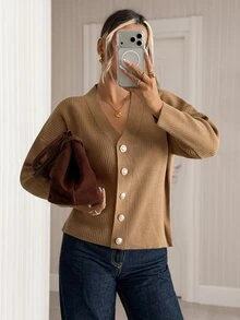 Trelyra Solid V-Neck Minimal Casual Elegant Taupe Button Ribbed Fine Knit Cardigan Office Autumn Winter - Camel - View 4
