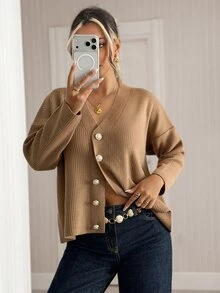 Trelyra Solid V-Neck Minimal Casual Elegant Taupe Button Ribbed Fine Knit Cardigan Office Autumn Winter - Camel - View 8
