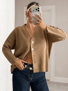 Trelyra Solid V-Neck Minimal Casual Elegant Taupe Button Ribbed Fine Knit Cardigan Office Autumn Winter - Camel - View 7
