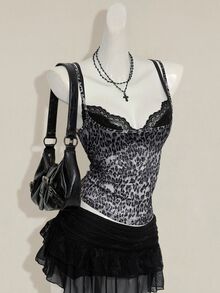 SHEIN ICON 女士灰色豹纹薄纱吊带背心，搭配黑色蕾丝细肩带二合一吊带背心 - 灰色 - 查看 6