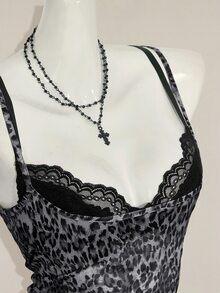 SHEIN ICON 女士灰色豹纹薄纱吊带背心，搭配黑色蕾丝细肩带二合一吊带背心 - 灰色 - 查看 9