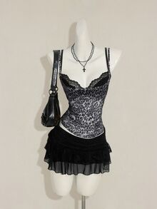 SHEIN ICON 女士灰色豹纹薄纱吊带背心，搭配黑色蕾丝细肩带二合一吊带背心 - 灰色 - 查看 5