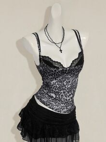 SHEIN ICON 女士灰色豹纹薄纱吊带背心，搭配黑色蕾丝细肩带二合一吊带背心 - 灰色 - 查看 7