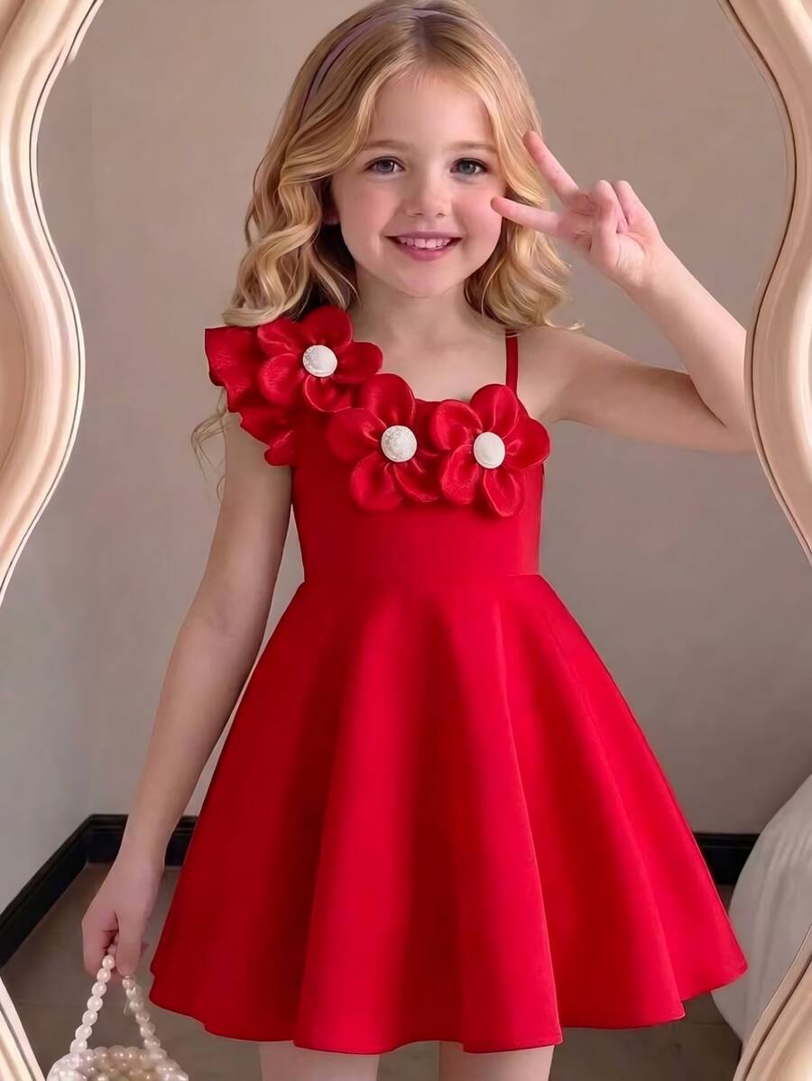 Elladie kids 女童白色洋裝，3D珠飾花卉裝飾，收腰A字裙，適合生日派對、婚禮，夏季花童穿著