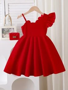 Elladie kids 女童白色洋裝，3D珠飾花卉裝飾，收腰A字裙，適合生日派對、婚禮，夏季花童穿著 - 紅色 - 查看 3