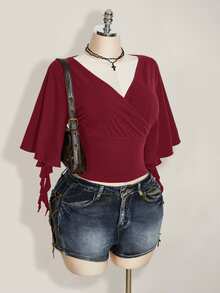 SHEIN ICON Women's Solid Color V-Neck Cape Sleeve T-Shirt Dinner Date Burgundy Summer Elegant - Burgundy - View 3