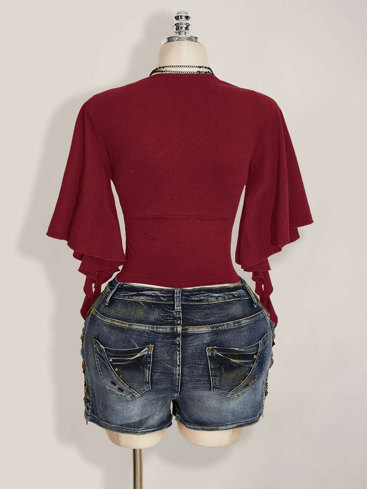 SHEIN ICON Women's Solid Color V-Neck Cape Sleeve T-Shirt Dinner Date Burgundy Summer Elegant - Burgundy - View 2
