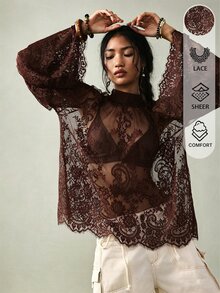 SoleilVie Women's Mandarin Collar Raglan Sleeve Elegant Top - Coffee Brown - View 1