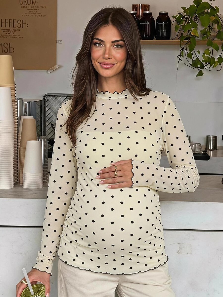 Lyckli Kaos Hamil Kasual Motif Polkadot Pas Badan untuk Musim Gugur dan Musim Dingin - Aprikot - View 1