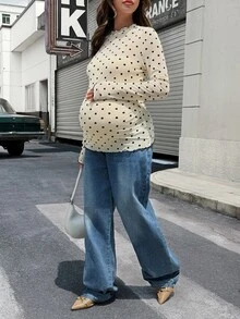 Lyckli Kaos Hamil Kasual Motif Polkadot Pas Badan untuk Musim Gugur dan Musim Dingin - Aprikot - View 6