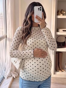 Lyckli Kaos Hamil Kasual Motif Polkadot Pas Badan untuk Musim Gugur dan Musim Dingin - Aprikot - View 2