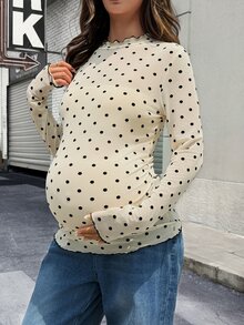 Lyckli Kaos Hamil Kasual Motif Polkadot Pas Badan untuk Musim Gugur dan Musim Dingin - Aprikot - View 4