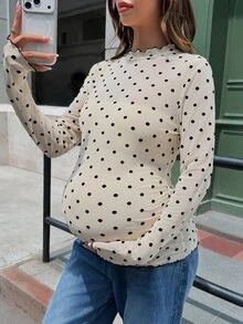Lyckli Kaos Hamil Kasual Motif Polkadot Pas Badan untuk Musim Gugur dan Musim Dingin - Aprikot - View 8