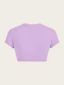 SHEIN ICON 紫色休闲简约图案圆领短袖修身短款女式T恤 - 紫色 - 查看 2