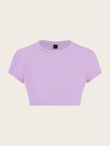 SHEIN ICON 紫色休闲简约图案圆领短袖修身短款女式T恤 - 紫色 - 查看 3