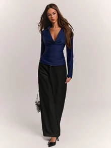 SHEIN BAE Fall& Winter Women's Sexy Cowl Neck Solid Color Long Sleeve Top Elegant - Navy Blue - View 5