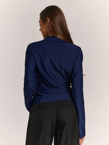 SHEIN BAE Fall& Winter Women's Sexy Cowl Neck Solid Color Long Sleeve Top Elegant - Navy Blue - View 2