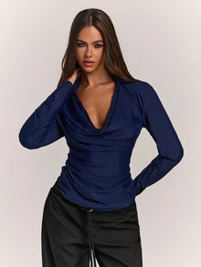 SHEIN BAE Fall& Winter Women's Sexy Cowl Neck Solid Color Long Sleeve Top Elegant - Navy Blue - View 1