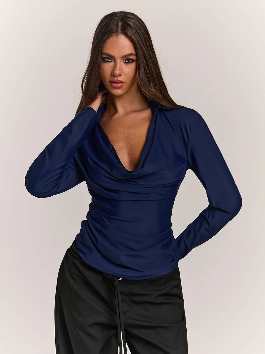 SHEIN BAE Fall& Winter Women's Sexy Cowl Neck Solid Color Long Sleeve Top Elegant - Navy Blue - View 1