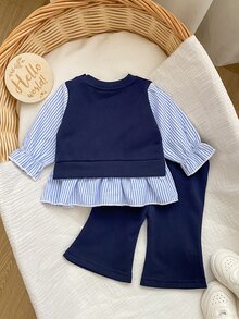 SHEIN 2pcs/Set Newborn Baby Girl Autumn/Winter Outfit, 3D Flower Striped Patchwork Ruffle Long Sleeve Knit Top With Flared Leggings Cotton Blend Set, Comfortable And Easy To Wear, Suitable For Daily Outings, Shopping, Halloween And Christmas Holiday Outfits - Multicolor - View 4