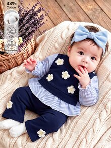SHEIN 2pcs/Set Newborn Baby Girl Autumn/Winter Outfit, 3D Flower Striped Patchwork Ruffle Long Sleeve Knit Top With Flared Leggings Cotton Blend Set, Comfortable And Easy To Wear, Suitable For Daily Outings, Shopping, Halloween And Christmas Holiday Outfits - Multicolor - View 10