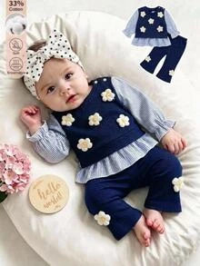 SHEIN 2pcs/Set Newborn Baby Girl Autumn/Winter Outfit, 3D Flower Striped Patchwork Ruffle Long Sleeve Knit Top With Flared Leggings Cotton Blend Set, Comfortable And Easy To Wear, Suitable For Daily Outings, Shopping, Halloween And Christmas Holiday Outfits - Multicolor - View 2