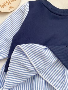 SHEIN 2pcs/Set Newborn Baby Girl Autumn/Winter Outfit, 3D Flower Striped Patchwork Ruffle Long Sleeve Knit Top With Flared Leggings Cotton Blend Set, Comfortable And Easy To Wear, Suitable For Daily Outings, Shopping, Halloween And Christmas Holiday Outfits - Multicolor - View 8