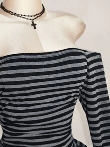 SHEIN ICON 大尺碼 Y2K 條紋露肩復古學院風蛋糕裙，哥德龐克休閒洋裝，適合秋季 - 彩色 - 查看 6