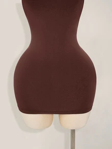 SHEIN ICON 纯色交叉露背性感休闲迷你连衣裙 - 棕色 - 查看 7