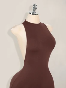 SHEIN ICON 纯色交叉露背性感休闲迷你连衣裙 - 棕色 - 查看 6