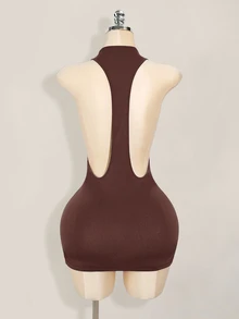 SHEIN ICON 纯色交叉露背性感休闲迷你连衣裙 - 棕色 - 查看 2