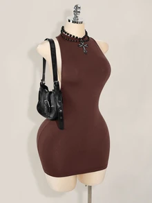 SHEIN ICON 纯色交叉露背性感休闲迷你连衣裙 - 棕色 - 查看 5