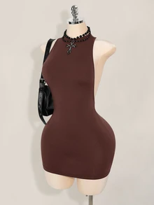 SHEIN ICON 纯色交叉露背性感休闲迷你连衣裙 - 棕色 - 查看 3