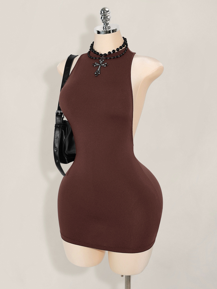 SHEIN ICON Solid Color Criss-Cross Backless Sexy Casual Mini Dress,Dresses For Women Party - Brown - View 3