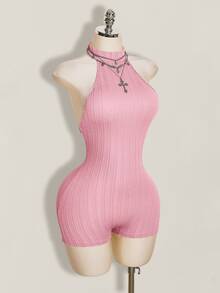 SHEIN ICON 女款黑色掛脖露背緊身貼身高領基本款休閒連身褲 - 粉色 - 查看 7