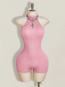 SHEIN ICON 女款黑色掛脖露背緊身貼身高領基本款休閒連身褲 - 粉色 - 查看 6