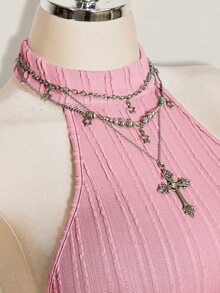 SHEIN ICON 女款黑色掛脖露背緊身貼身高領基本款休閒連身褲 - 粉色 - 查看 9
