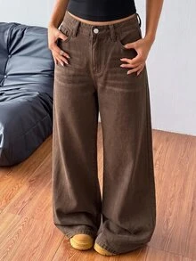 SHEIN 青少年女孩棕色牛仔布抓絨內裡寬鬆長褲，秋冬牛仔褲，牛仔女孩風，萬聖節聖誕節 - 棕色 - 查看 4