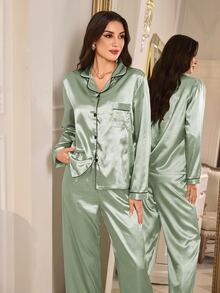 LuxeNights Conjunto de Pijama de Satén con Ribete en Contraste - Verde - Ver 5