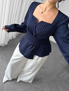 Elenzga Blus Wanita Plus Size Motif Garis Kerah Kotak Lengan Panjang, Kelim Asimetris Pinggang Ketat Potongan A-Line, Gaya Musim Gugur & Dingin - Navy Blue - View 7
